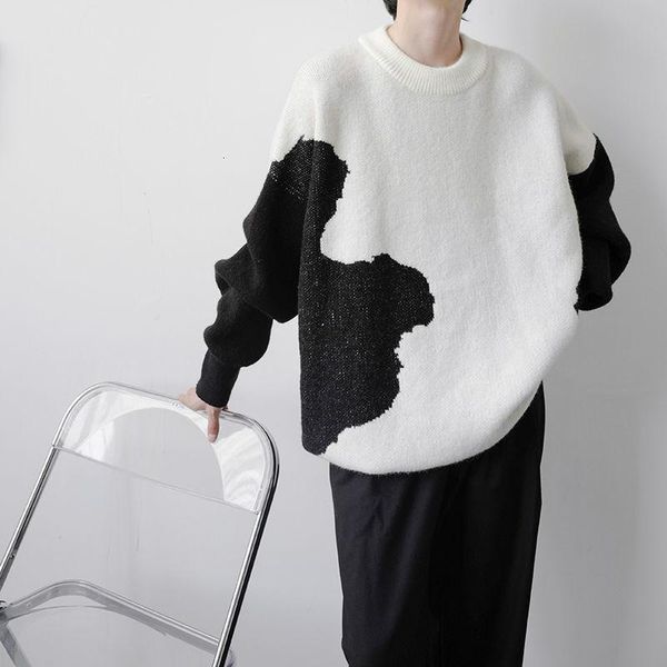 

men's sweaters wear sweater 2021 autumn and winter loose all-match korean style vintage oversize kintted round collar pullover, White;black