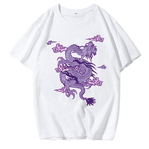 

women's t-shirt vintage style chinese dragon pattern print women summer harajuku plus size loose tee punk oversized shirt pr, White