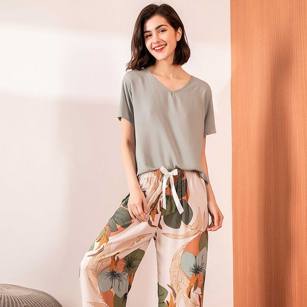 

2021 summer new women v-neck leaves printed pajamas set ladies comfort simple style sleepwear loose soft casual wear homewear, Black;red