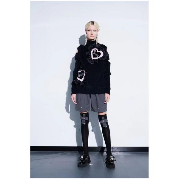 

women's sweaters 2021 fall/winter pullover mohair hollow sequins love stitching mesh leaky shoulder ladies stretch sweater, White;black