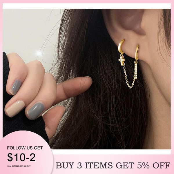 

hoop & huggie lbyzhan double pierced conjoined chain earrings for female european and american simple punk street girls boy single, Golden;silver