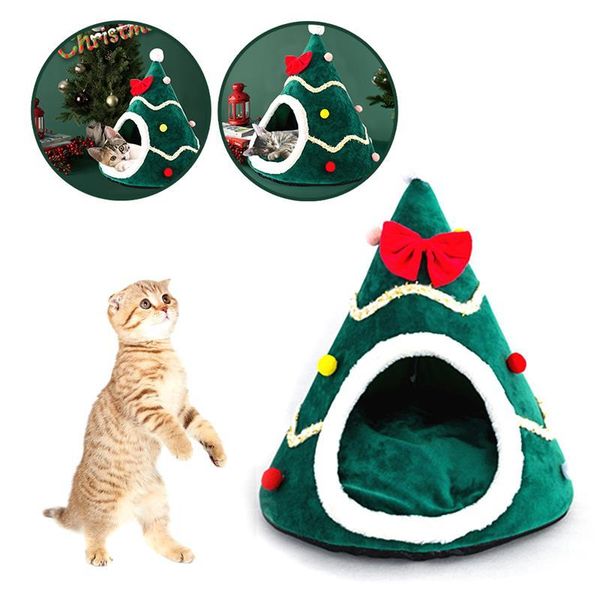 

cat beds & furniture pet indoor bed house christmas tree decor cats portable cave tent window soft sleep accessories