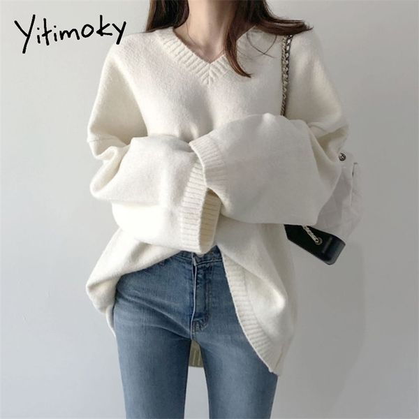 Yitimoky Camisola Mulheres Preto Branco Pullovers Estilo Coreano Outono Inverno Solto Casual V-Pescoço Malha Top Vestuário Sólido 210917