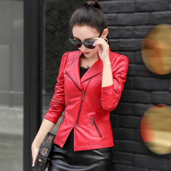 

women's leather & faux 2021 spring and autumn ladies long-sleeved slim jacket motorcycle women coat short pu, Black