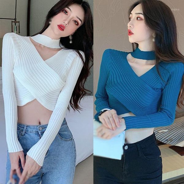 

autumn design sense cross hollow halterneck sweater women's sweaters, White;black