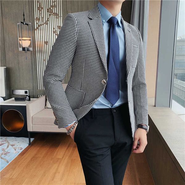 Herbst und Winter MENDS BLAZER MASculino Slim Fit Casual Dress Anzug Britisch Business Social Retro Hundstocher Mantel Kostüm Homme 210527