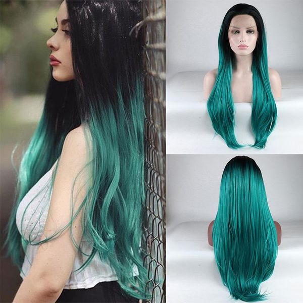 

synthetic wigs ombre green 26inch long lace front with baby hair for black women heat resistant fiber preplucked straight