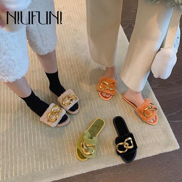 

slippers metal chain wool flat women's autumn short plush casual fur outdoor slip-on furry shoes open toe fashion muller, Black