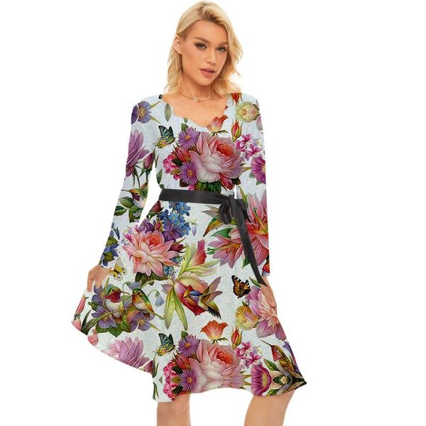 

casual dresses women flower print party dress v neck long sleeve floral female vintage vestidos, Black;gray