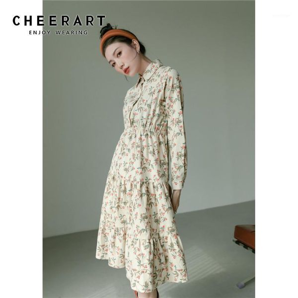

casual dresses cheerart vinage ditsy floral print button up shirt dress long sleeve tunic a line knee length autumn 2021 clothing, Black;gray