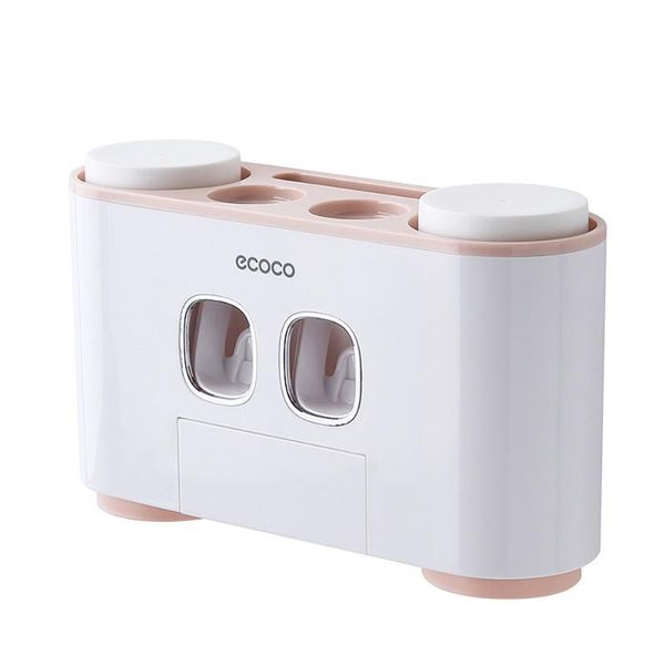 

ecoco wall-mounted toothbrush holder with 2 toothpaste dispensers 4 cups and 5 slots toiletries storage rack holders