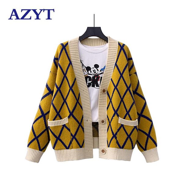 

women's knits & tees azyt vintage style women sweater cardigan 2021 autumn v neck plaid knitted female jacket loose long sleeve knitwea, White