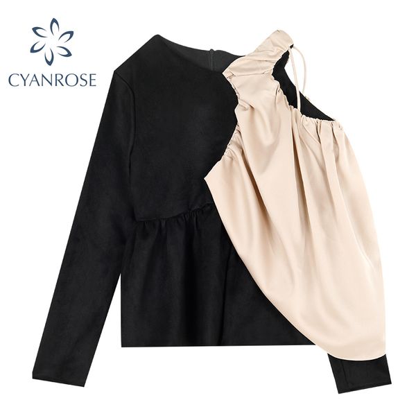 

cropped patchwork vintage women's t shirt one-shoulder slim elegant tees streetwear long sleeve black pullover ol tide 210417, White