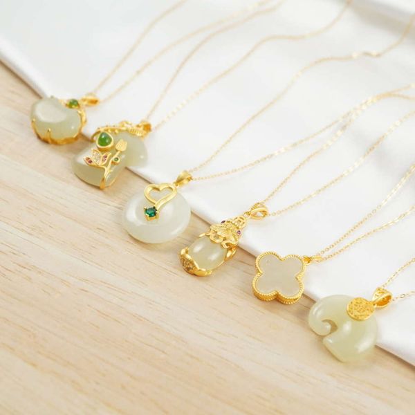 

s925 pure silver gold-plated necklace with natural hetian jade, Black