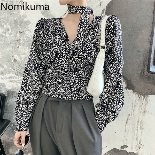 

nomikuma temperament leopard print shirt female v-neck long sleeve blouse chic retro autumn all-match short blusas 3d370 210514, White