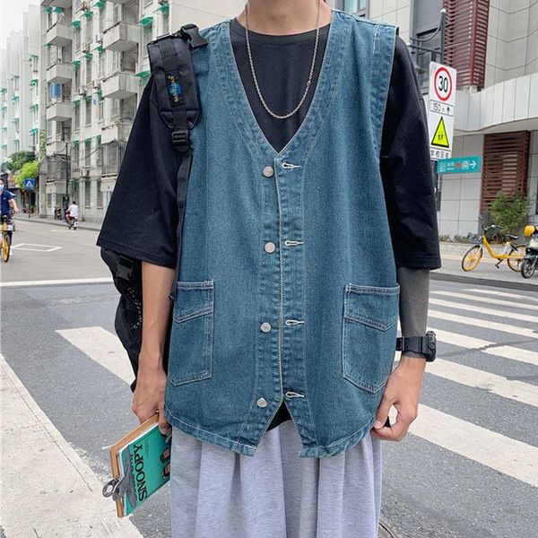 

men's vests spring and autumn denim vest male loose korean style trend personality casual handsome hip-hop tide sleeveless jacket, Black;white