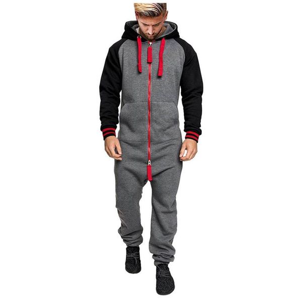 

men's pants zipper jumpsuit autumn&winter patchwork long sleeved drawstring hooded sweater male leisure romper, Black