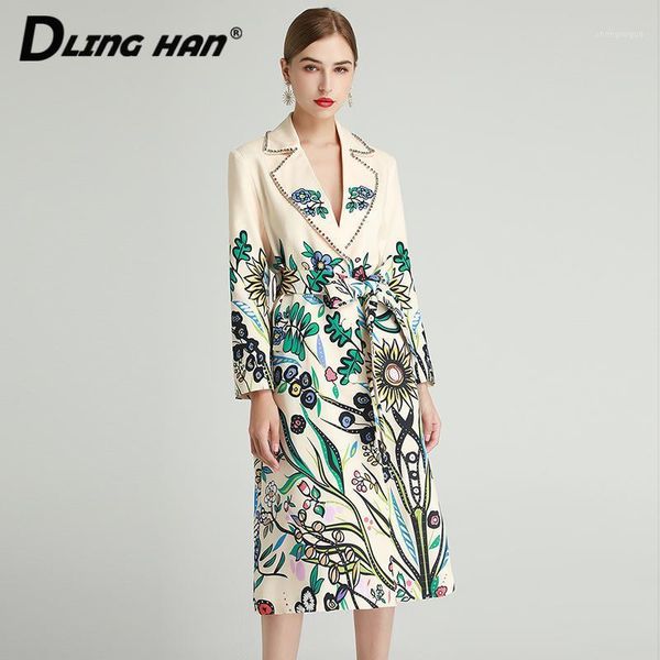 

fashion floral print blends overcoat womenÂ lace up turn-down collar diamonds long sleeve coat outwear autumn winter women's wool, Black