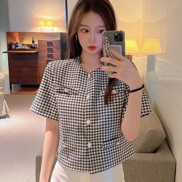 

summer korean fashion short sleeve plaid woman jacket vintage temperament elegant office lady single-breasted chic 210518, Black;brown