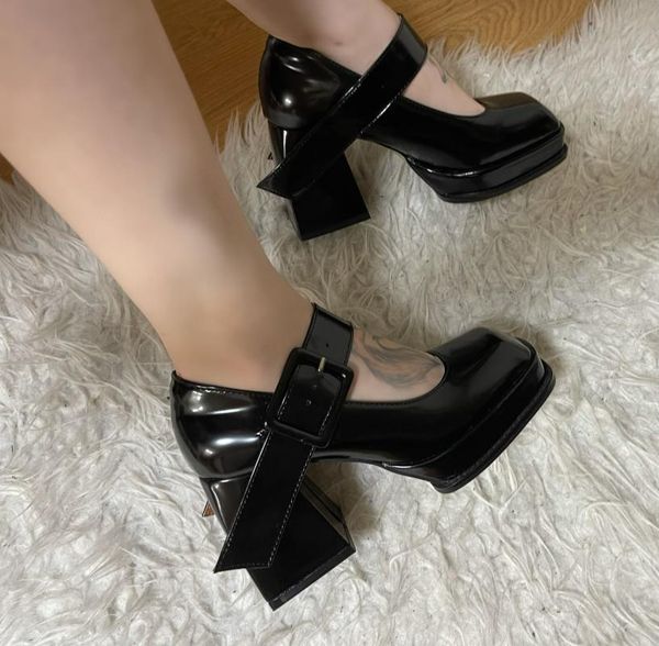 

dress shoes black punk chunky designer platform mary janes heels women patent leather square toe goth high pumps