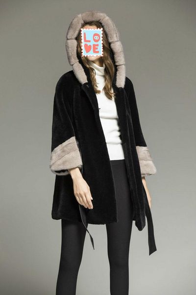 

women's fur & faux arlenesain custom 2021 design black wool patchwork mink seven-quarter sleeve women coat with hood