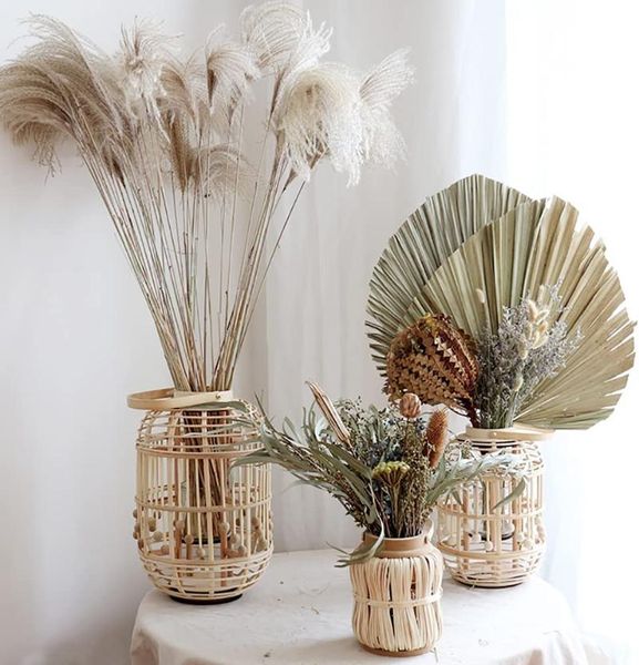 

vases bamboo woven lantern pampas grass vase, rattan dried flower vase for living room candle home decor