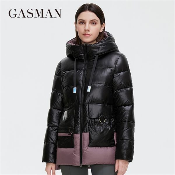 

gasman women's winter jackets short stand-up collar hooded down jacket female fashion stitching color pocket parkas 81058 211216, Black