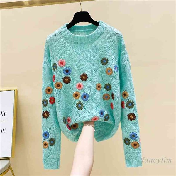 

autumn and winter vintage embroidered flower crocheted pullover women's loose sweater knitwear 210519, White;black