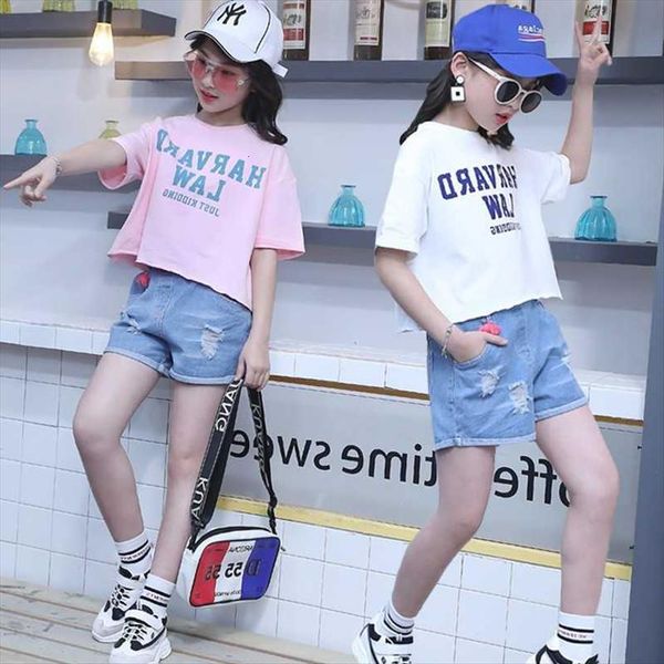 

summer kids baby girls clothes children short sleeve t shirt jeans shorts clothing sets teenager outfit 7 8 9 11, White