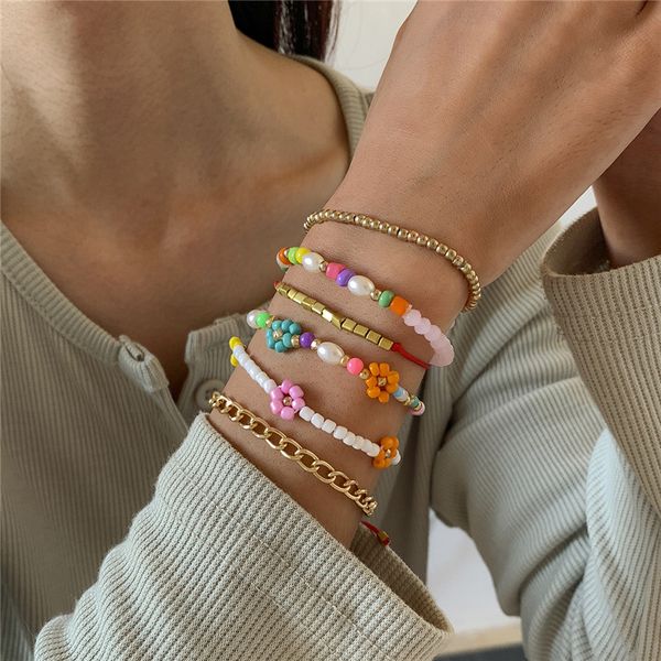 

imitation pearl beaded mixed strands bracelets european daisy flower adjustable rope hand chain women multi layer alloy vacation party gift, Black