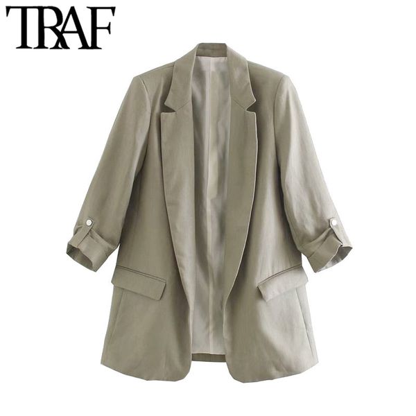 

traf women fashion office wear linen blazers coat vintage rolled-up sleeves pockets female outerwear chic 210415, Black;brown