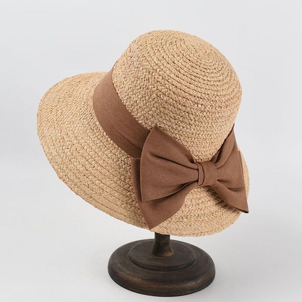 

wide brim hats western fashion beach accessories summer for women 2021 sun visor uv raffia straw bucket hat with bow vintage vacation caps, Blue;gray