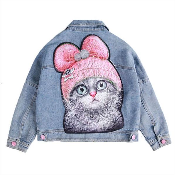 

girls cartoon sequin cute cat denim jackets medium big children single breasted fashion jean jacket clothes 3 12, Blue;gray