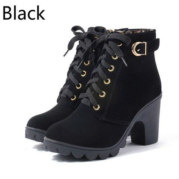 

boots autumn winter women ankle solid lace-up european ladies shoes pu fashion heels, Black