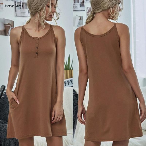 

summer woman fashion casual sleeveless suspender butto pocket solid color dress street daily wear dresses, Black;gray