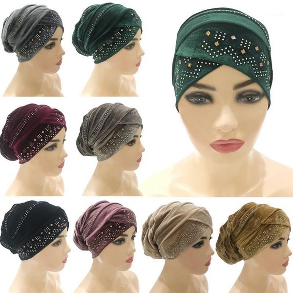 

ethnic clothing velvet inner hijab caps muslim headdress rhinestone women turban femme soft solid color turbante ready to wear bonnet cap, Red