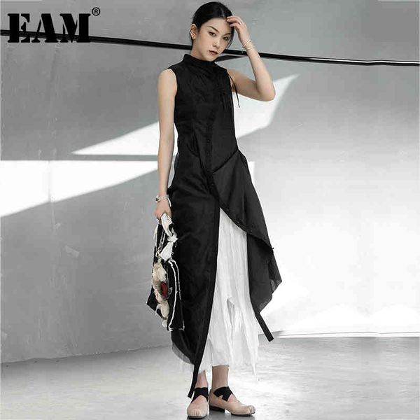 

[eam] women black mesh irregular slit pleated slim dress lapel sleeveless loose fit fashion spring summer 1dd7728 21512, Black;gray