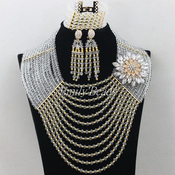 

earrings & necklace clear white african wedding crystal beads jewelry set fashion nigerian necklaces big promotion amj827, Silver