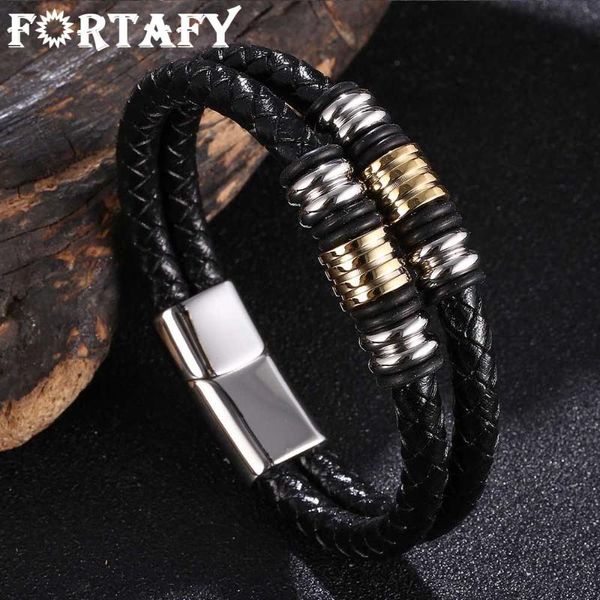 

charm bracelets fortafy double-layer stainless steel braided leather men bracelet luxury combination handmade wristband male jewelry fr1073, Golden;silver