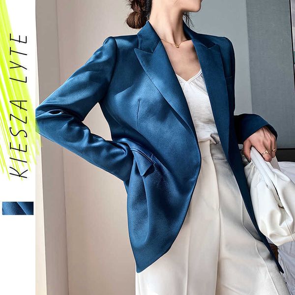 Blue Blazer para Mulheres Primavera Outono Na Moda Estilo Coreano Luxo Cetim Terno Casaco OL Trabalho Casaco Feminino Outerwear 210608