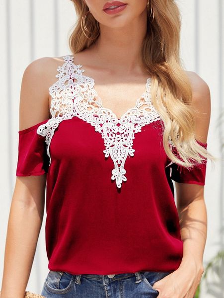 

contrast guipure lace trim cold shoulder 76l9#, White