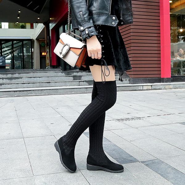 

boots fashion runway crystal stretch fabric sock pointy toe over-the-knee heel thigh high pointed woman boot mujer, Black