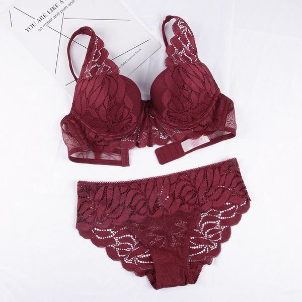 

bra set women's french underwear lace embroidery upper thin lower thick gathered suit, Red;black