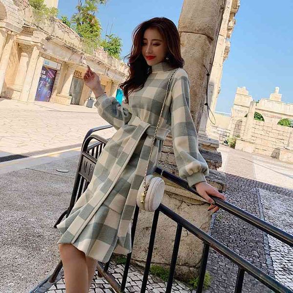

casual dresses elegant french retro high collar long sleeve tight waist large plaid autumn and winter simplicity jjvz, Black;gray