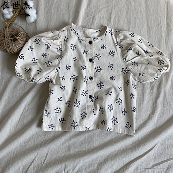 

2022 girls fresh puff sleeve linen cotton short sleeve shirt summer baby breathable comfortable top, White;black