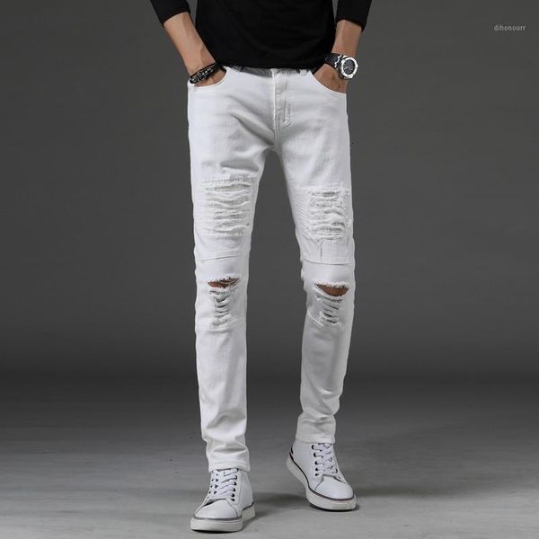 

men's jeans ho chun xia men white stretch denim teenagers cultivate one's morality pants ripped fashion1 ea40, Blue