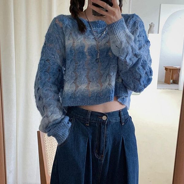 

feminine design sense niche vignetting sweater women all-match twisted short pullover blue  women's sweaters, White;black