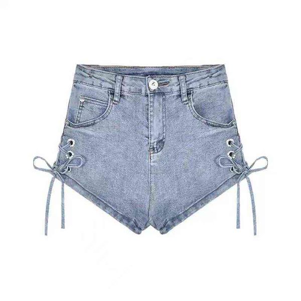 

and nightcb bar high waist thin lace up denim shorts women's summer slim leg long stretch pants, Blue