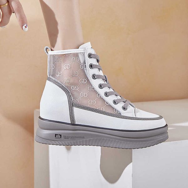 

2021 spring and summer inner raised leather mesh women's shoes thick bottom high casual breathable boots, Black