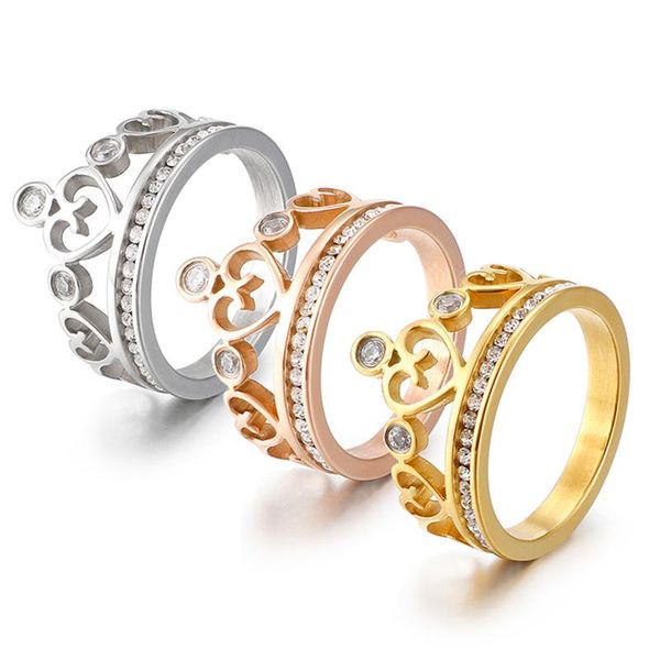 

cluster rings women fashion crown ring silver/rose gold/gold color stainless steel wedding cz stones elegant party, Golden;silver